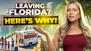 A woman poses beside a truck that reads, "Leaving Florida, here's why?" suggesting a narrative or explanation.